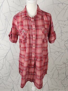 Next Pink Plaid Checks Cotton Embroidered Pintuck Tunic Shirt